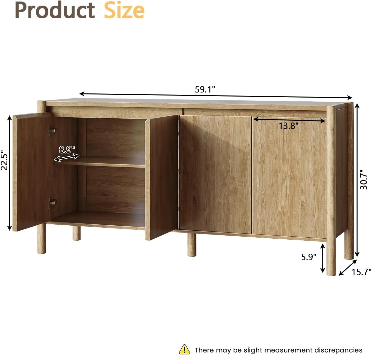 Sideboard Cabinet - 59" Mid Century Buffet Storage Cabinet with 4 Doors, Adjustable Shelves, and 4 Solid Wood round Legs- Perfect for Living Room (Oak)