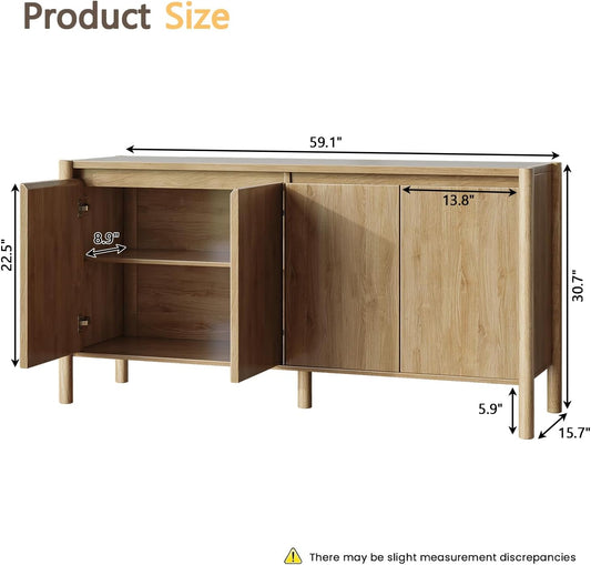 Sideboard Cabinet - 59" Mid Century Buffet Storage Cabinet with 4 Doors, Adjustable Shelves, and 4 Solid Wood round Legs- Perfect for Living Room (Oak)