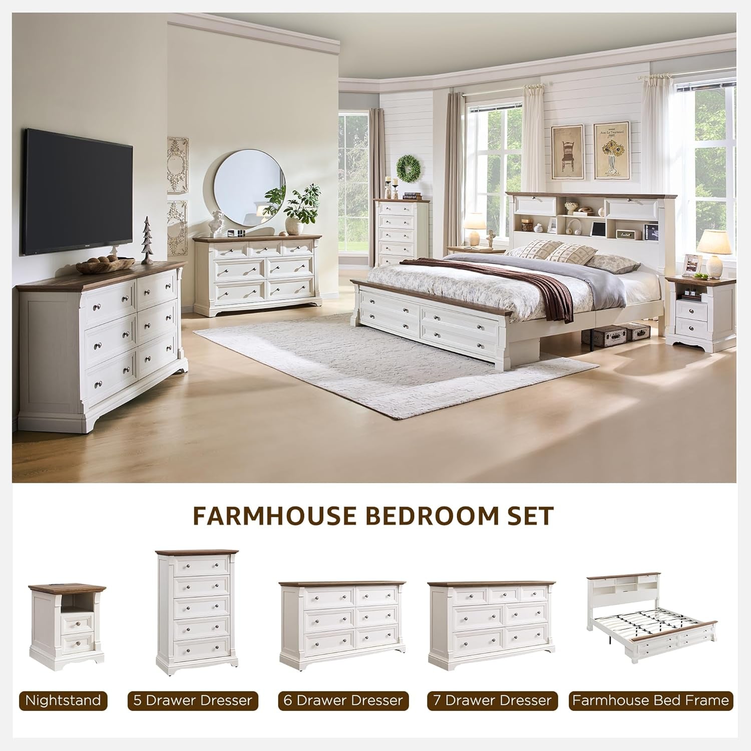Farmhouse Queen Size Bed Frame with 54" Tall Storage Bookcase Headboard, Wood Platform Bed Frame with 2 Drawers & 18" Tall Roman Column Decoration Footboard, No Box Spring Needed(Antique White)