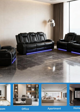 Power Recliner Sectional Sofa Set with LED Lighting, Breathable Leather Upholstery, Storage Console, Cup Holders, Wireless Charging, and Touch Reading Light - 3-Piece Black Sofa for Living Room, Home Theater, and Office