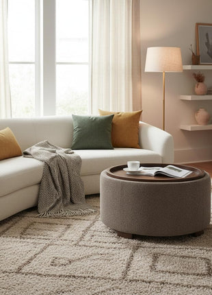 30-Inch Round Storage Ottoman Coffee Table, Modern Boucle Design with Lift-Off Lid and Solid Wood Legs for Living Room, Bedroom, and Apartment Use (Brown)