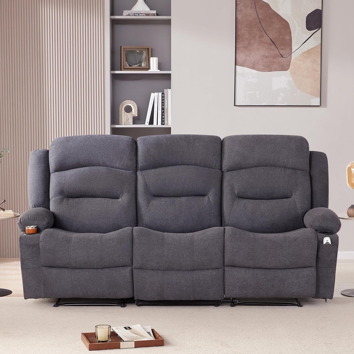 Oversized Recliner Sofa with Heat and Massage, Wall-Hugger Reclining Sofa with Cup Holders and USB Port, Big Large 3-Seater RV Recliner Couch Sofa for Living Room (Fabric, Grey)