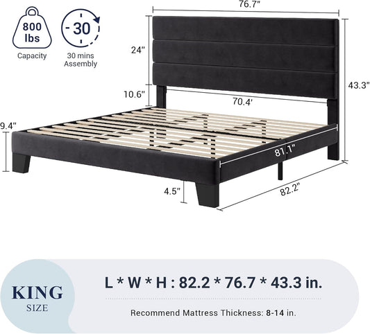 King Size Platform Bed Frame with Velvet Upholstered Headboard and Wooden Slats Support, Fully Upholstered Mattress Foundation/No Box Spring Needed/Easy Assembly, Black
