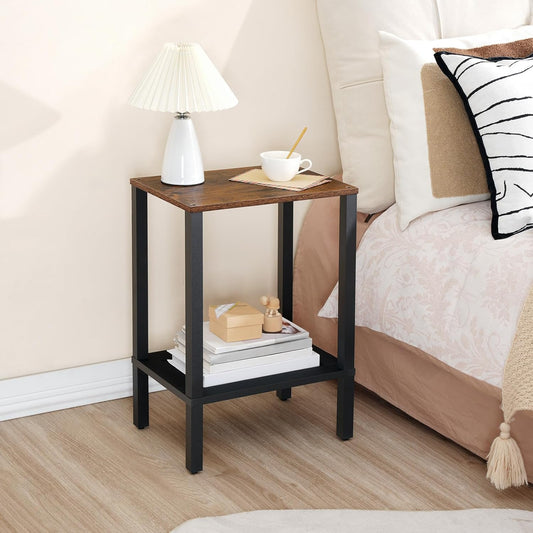 End Table, Small Side Table with 2-Tier Storage Shelves, Nightstand with Faux Rattan Decoration, for Living Room, Bedroom, Rustic Brown and Black BF91BZ01