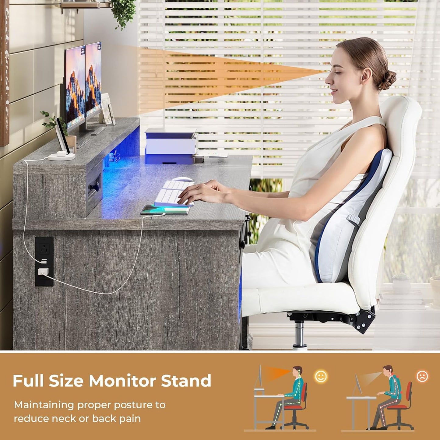 Farmhouse Executive Desk with File Drawer, Computer Desk with Charging Station & LED Lights, Home Office Desk with Drawers & Storage Cabinet, Executive Office Desk with Monitor Stand, Grey