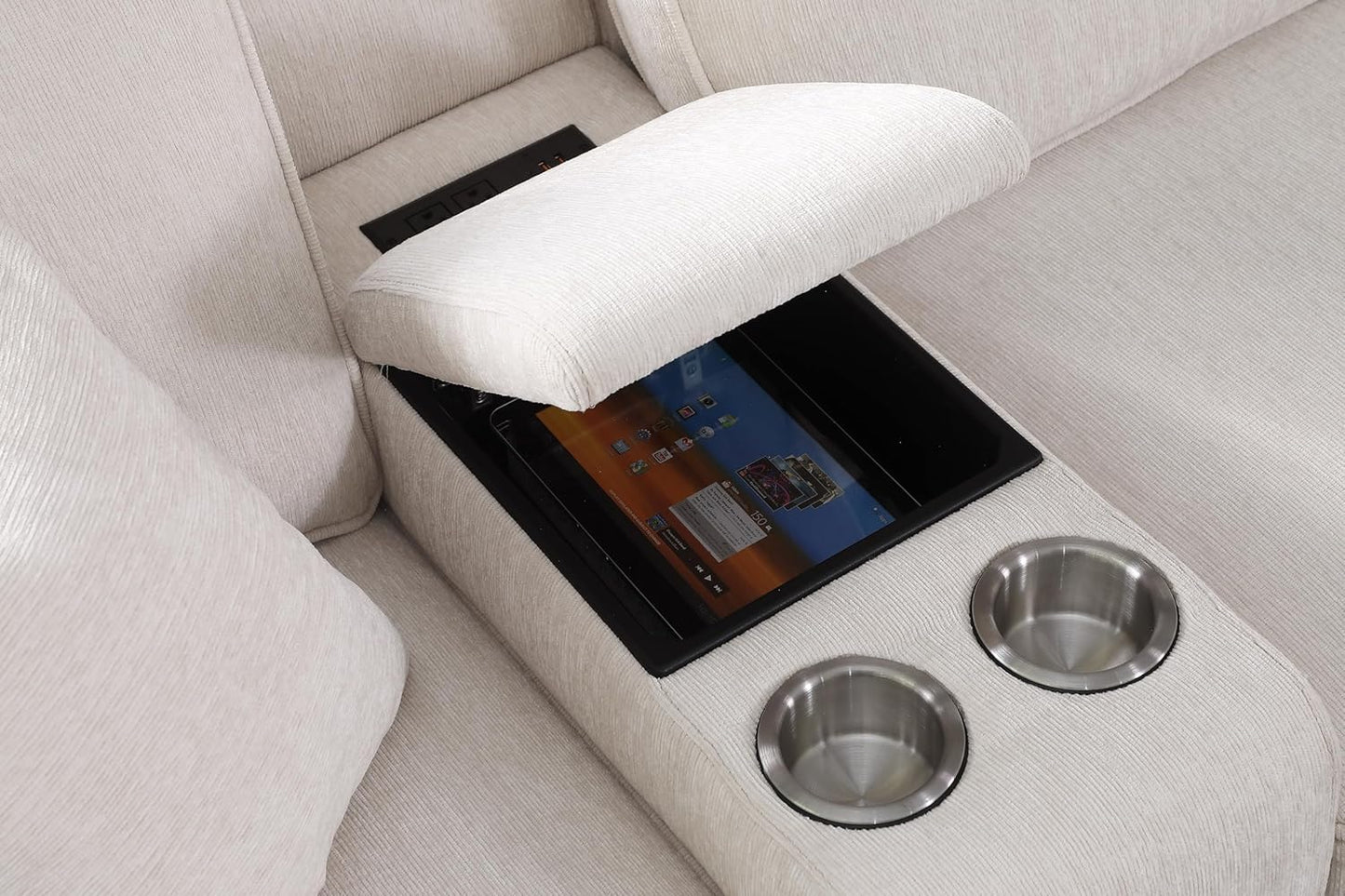 127" L-Shaped Sectional Couches for Living Room with Movable Ottoman,2 Cup Holders & USB Ports,7 Seat Chenille Upholstered Sofa W/6 Throw Pillows & Hidden Storage Box,Diy Combination,Beige