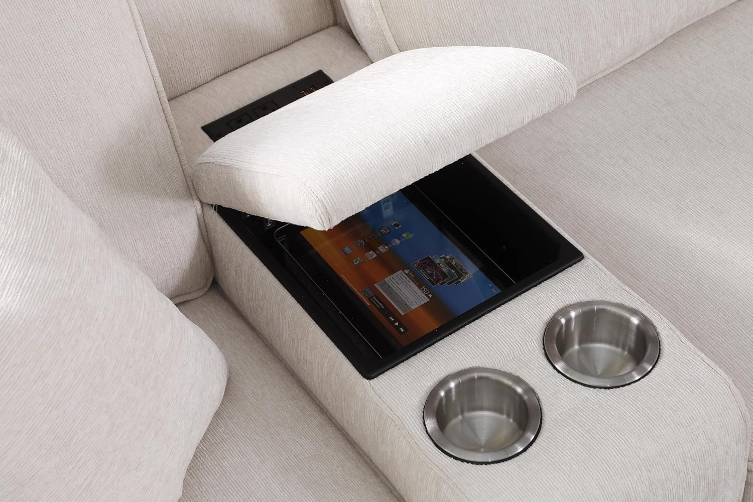 127" L-Shaped Sectional Couches for Living Room with Movable Ottoman,2 Cup Holders & USB Ports,7 Seat Chenille Upholstered Sofa W/6 Throw Pillows & Hidden Storage Box,Diy Combination,Beige