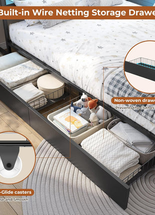Twin Corner Bed Frame with Integrated Bookcase Storage and LED Lighting, Metal Platform Bed with Storage Drawers and Charging Station for Kids and Teens, Black