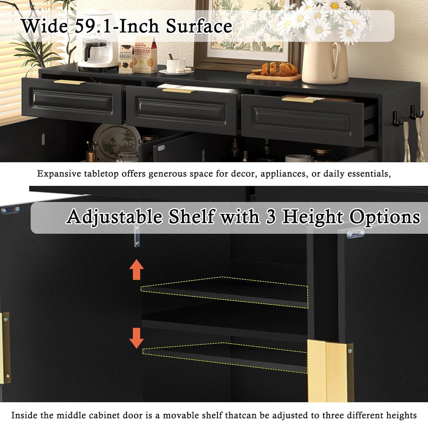 Buffet Table with 3 Drawers, 59.1" Multi-Functional Buffet Cabinet with Storage, Sideboard Cabinet with Adjustable Shelf for Dining Room, Living Room, Entryway, Black