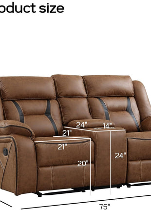 Faux Leather Dual Reclining Loveseat Sofa with Center Console, Hidden Storage, and Cup Holders - Brown