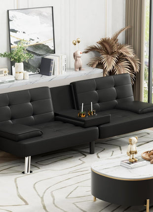 Leather Futon Sofa Bed with Removable Armrests and Adjustable Recliner, Dual Cup Holders - Ideal for Living Room, Apartment, or Office (Black) 30.7" x 65" x 28