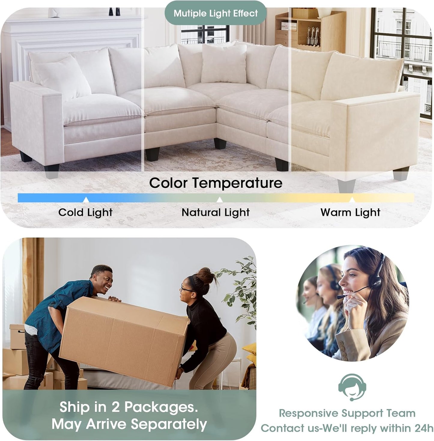 97" 5-Seat Modular Sectional Sofa, Convertible L-Shaped Comfy Cloud Couch with Armrest Storage and Two Pillows for Living Room, Bedroom, Apartment, Beige