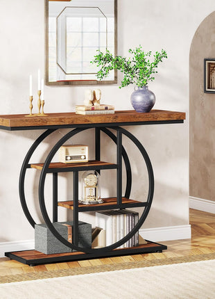 41.3" Industrial Console Table with Circular Base, 4-Tier Narrow Wood Accent Table Featuring Storage Shelves for Living Room, Hallway, and Foyer in Rustic Brown