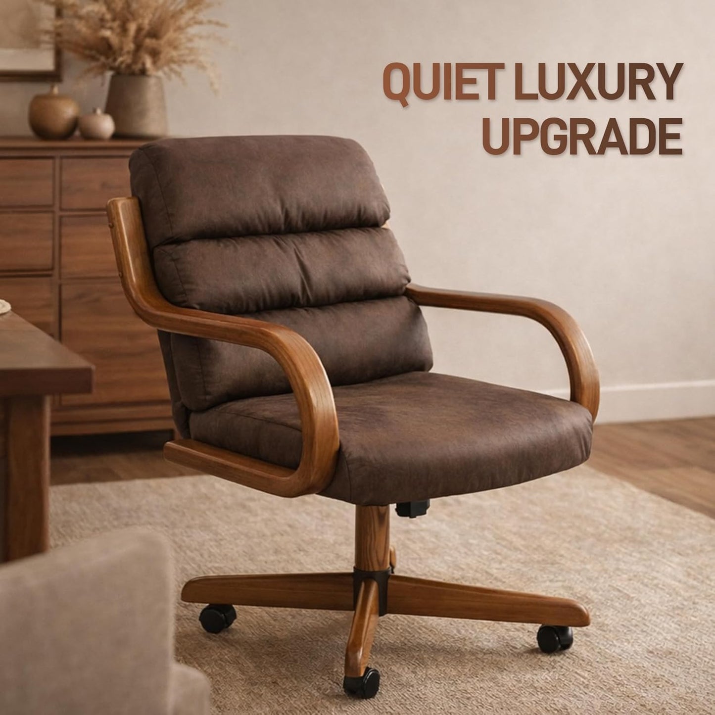 Douglas Set of 4 Swivel-Tilt Dining Chairs with Casters, Upholstered Kitchen Chairs with Wooden Arms & Metal Pedestal Base, Premium Foam Comfort, Mocha-Chestnut