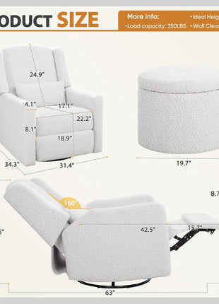 Professional Power Recliner Chair with Swivel Glider Functionality, Large Boucle Upholstered Rocker Recliner with USB Charging Port for Nursery, Bedroom, and Living Room, Cream