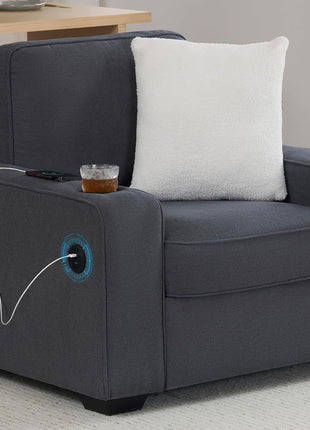 Contemporary Chenille Sofa Chair with Integrated Cup Holders and USB Ports, Charcoal Grey Upholstered Seating for Living Room