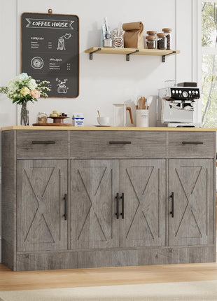 53.4" Farmhouse Buffet Cabinet with Storage, Featuring 3 Drawers and 4 Doors, Adjustable Shelf for Kitchen and Living Room, Gray Finish