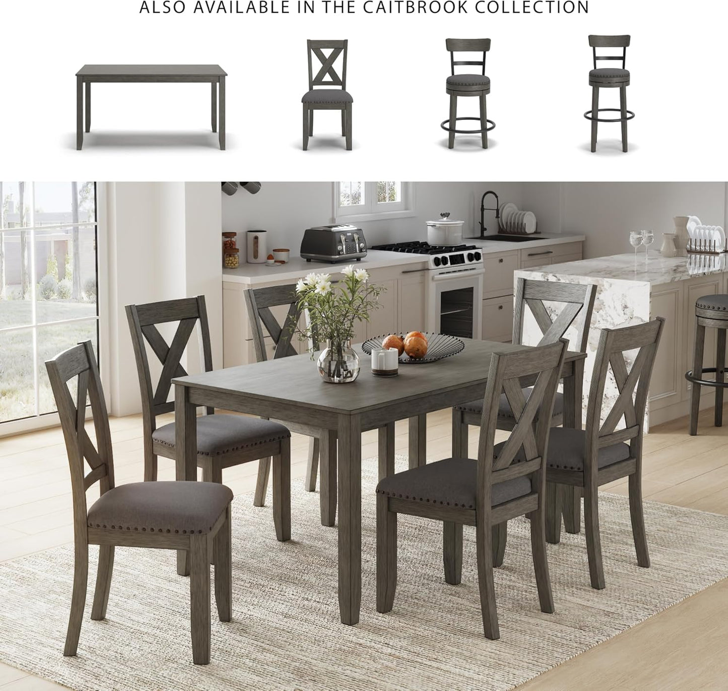 Caitbrook Rustic 7-Piece Dining Set – Rectangular Table with 6 X-Back Upholstered Chairs, Gray