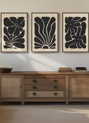 Framed Textured Wood 3D Wall Art - Large Bohemian Floral Triptych in Black and Beige, Abstract Design for Living Room, Office, Bedroom, and Hallway Decor, 24x36 Inches