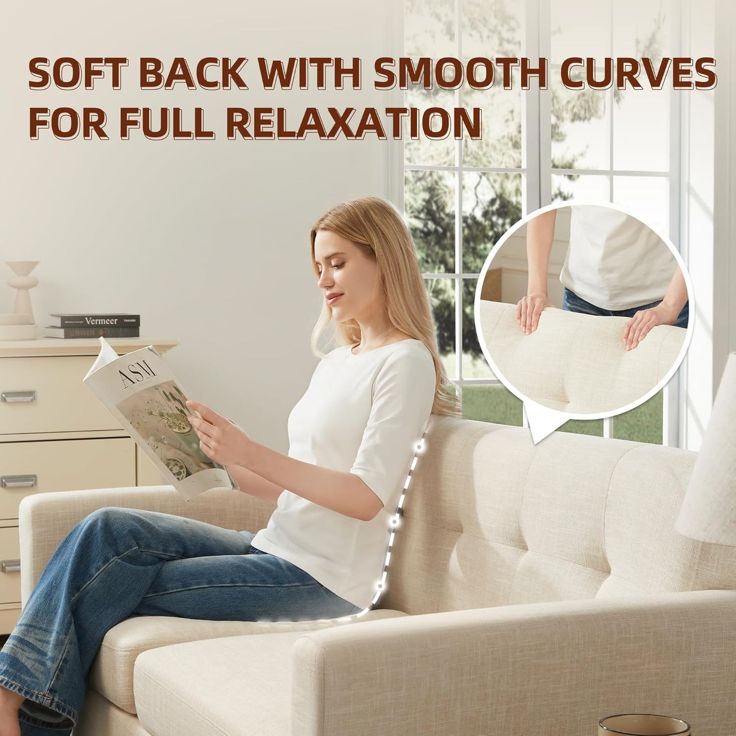 2 Piece Loveseat and Sofa Sets, Mid Century Modern Decor Love Seat Couches for Living Room, Button Tufted Upholstered Furniture, Easy to Install Small Couch for Bedroom, Office, Beige | Linen Fabric, Button Tufted, Solid Wood Foot, Pocket Spring, Wood Sla