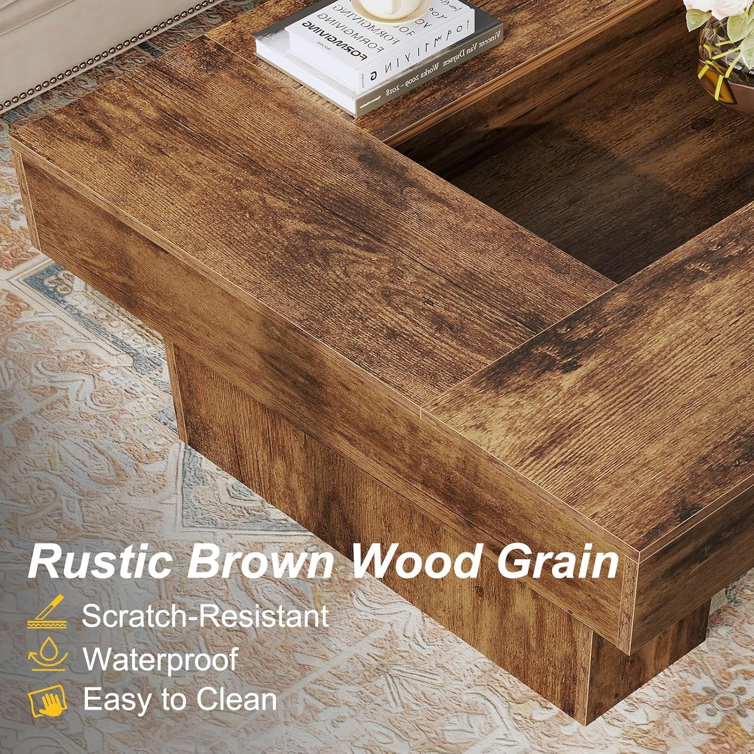 Rustic Coffee Table, Large Wood Living Room Table with Storage, Modern Long Rectangle Led Center Table, Farmhouse Unique Low Wide Tea Table with LED Light for Home Office, 47.24 In, Rustic Brown