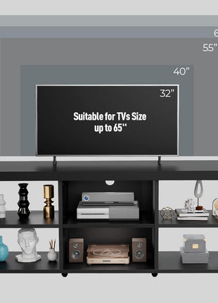 55-Inch Industrial Farmhouse TV Stand for TVs up to 65 Inches with 6 Storage Cabinets, Black Entertainment Center for Living Room