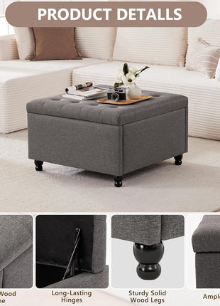30-Inch Large Square Upholstered Storage Ottoman Coffee Table in Dark Grey Fabric for Living Room