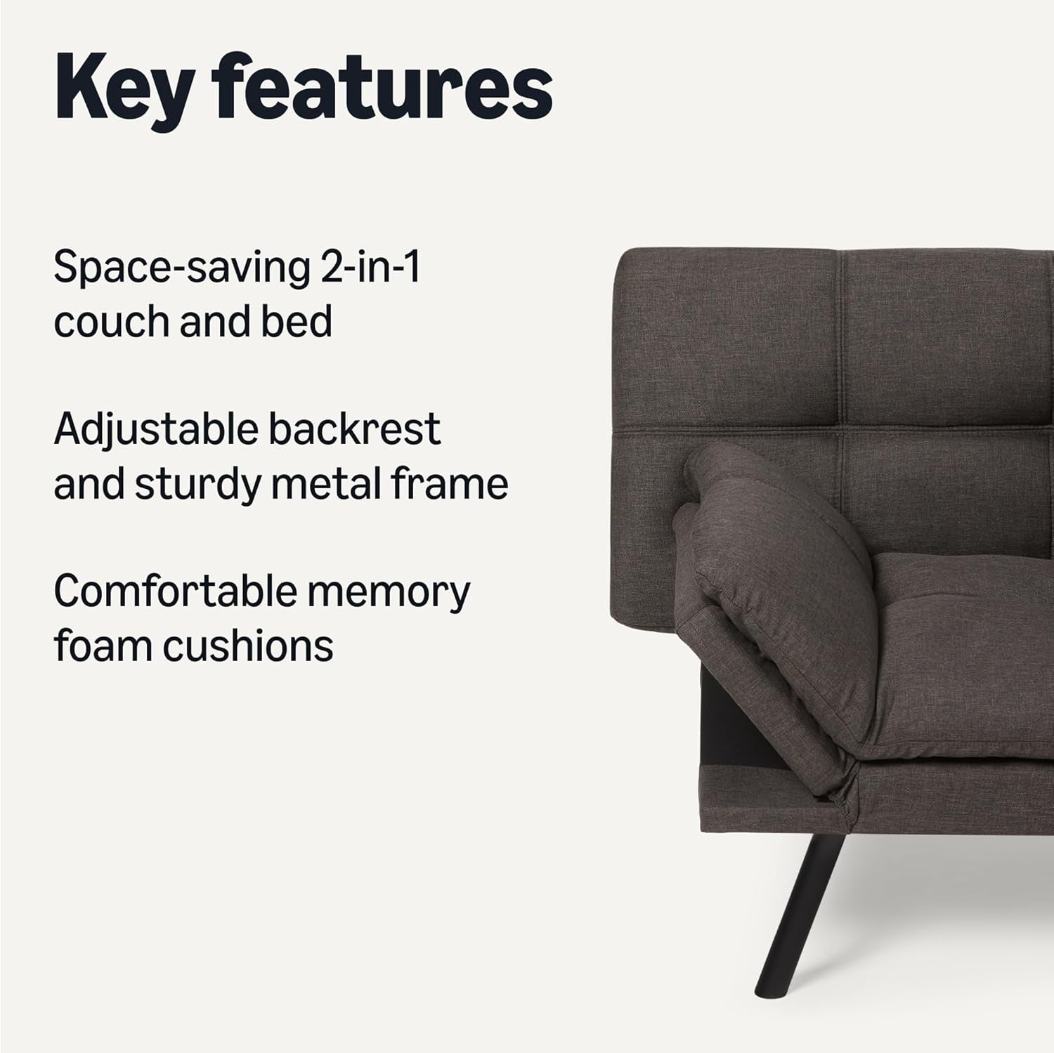 Futon Sofa Bed, Convertible Memory Foam Sofa Couch Modern Loveseat Sleeper for Small Compact Living Room,Office,Apartment,Dark Grey Linen Fabric