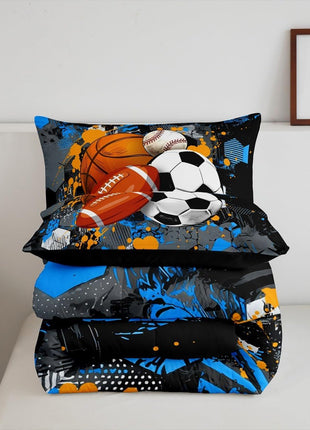 Twin Size Sports Comforter Set - Basketball and Football Bedding for Boys and Girls in Black, Grey, and Blue