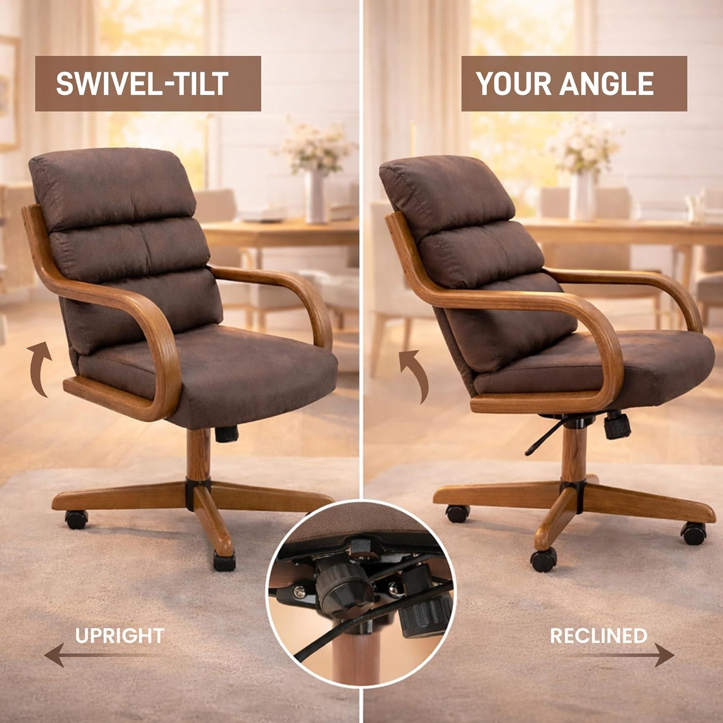 Douglas Set of 4 Swivel-Tilt Dining Chairs with Casters, Upholstered Kitchen Chairs with Wooden Arms & Metal Pedestal Base, Premium Foam Comfort, Mocha-Chestnut