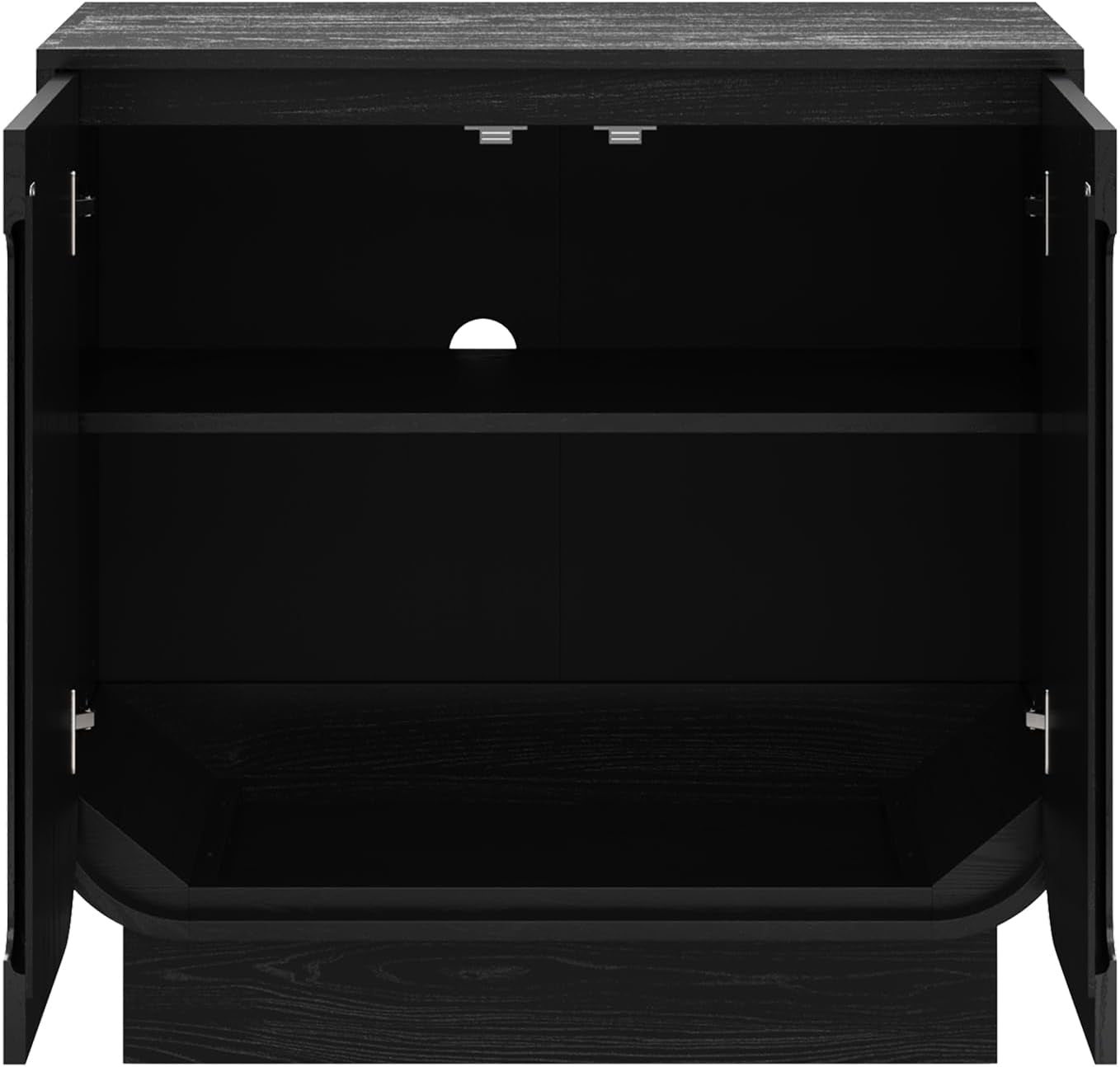 Joey Mid Century Modern Storage Cabinet, Arched Accent Cabinet with Rounded Bottom Edges and Integrated Door Pull Cutouts, Black Oak