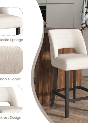 Set of 2 Modern Upholstered Counter Height Bar Stools, 26" with Black Legs, Beige Fabric for Kitchen Island and Dining Room