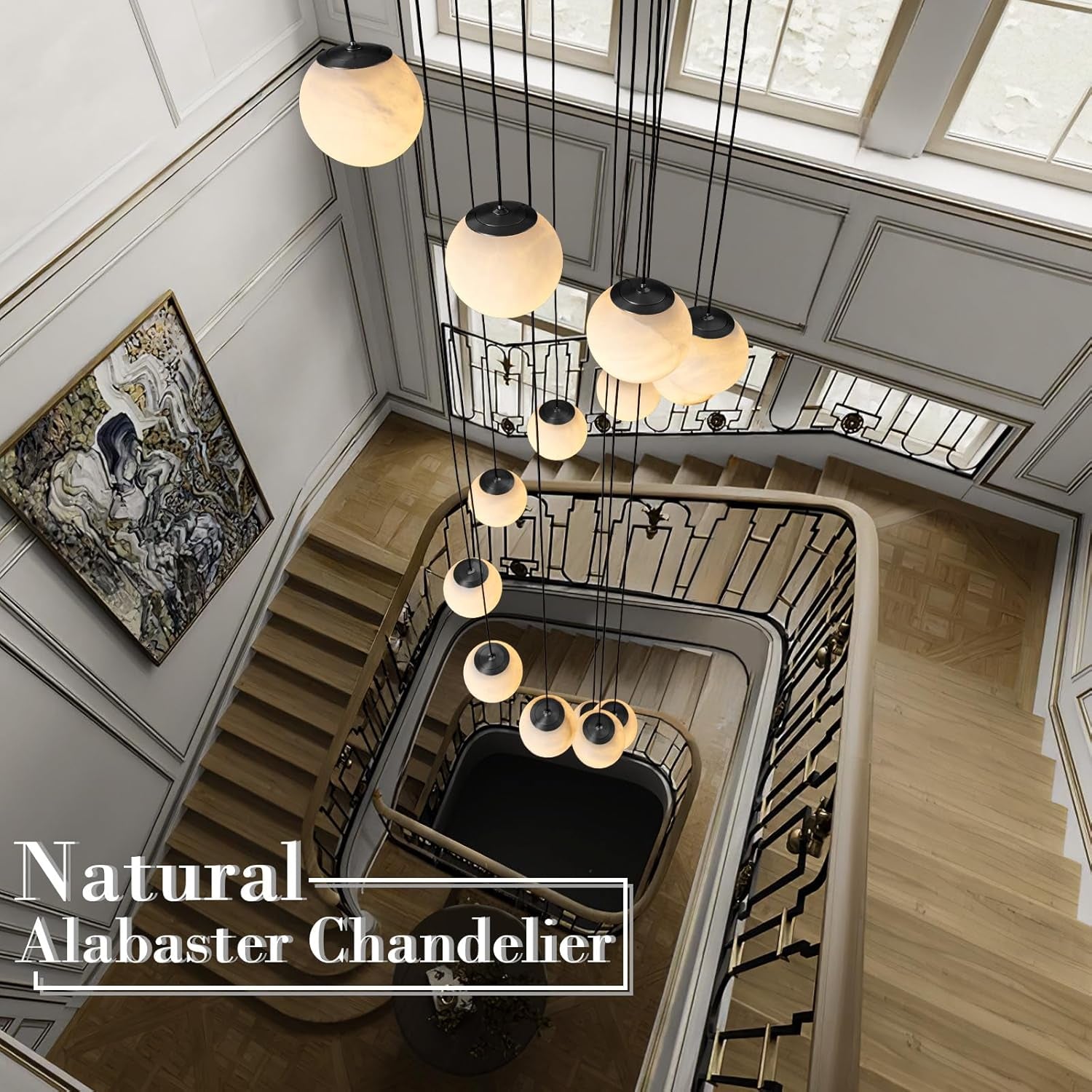 Black Alabaster Staircase Chandelier, 14-Light Modern Marble Pendant Light for High Ceiling Foyer, Luxury Statement Fixture for Entryway & Living Room