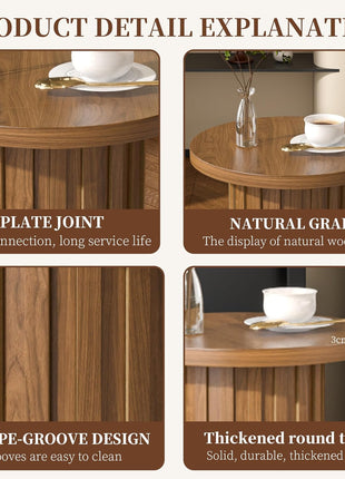 Farmhouse Round Pedestal End Table with Fluted Panel - Rustic Walnut Side Table for Compact Living Areas
