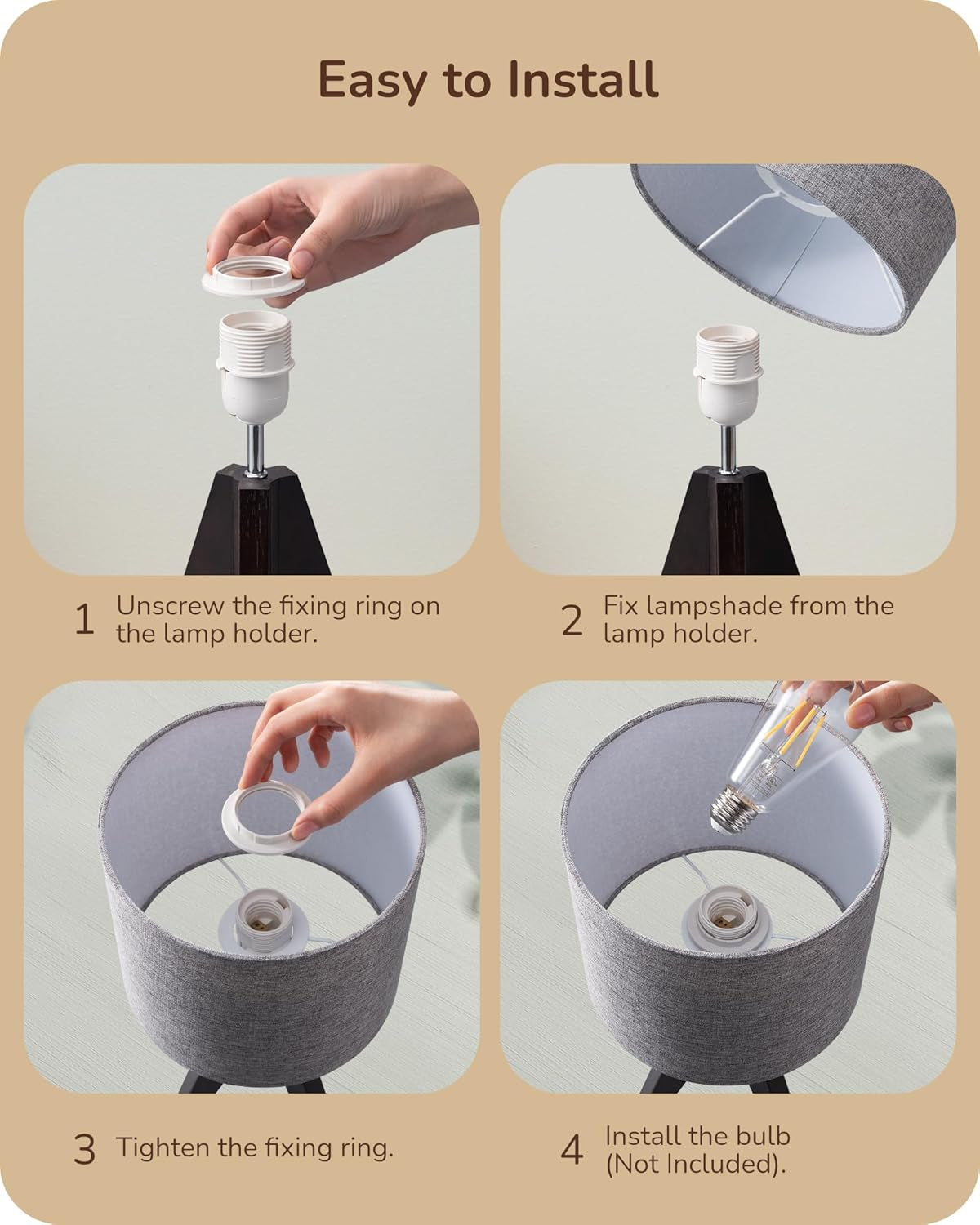 Boho Small Table Lamp, Walnut Color Wooden Tripod Bedside Lamp, Farmhouse Nightstand Lamp for Nursery, Bedroom, Office, Kid Room, Living Room, Grey Linen Lampshade, E26 Socket, 14.2 Inch