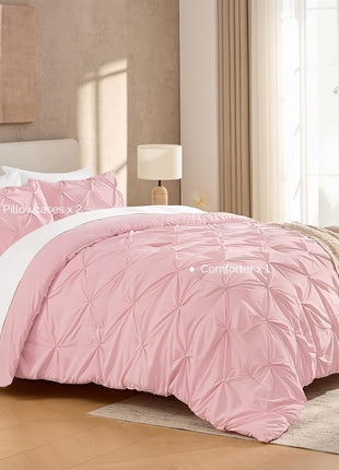 Pink Full Size Comforter Set, 3-Piece Soft Lightweight Pinch Pleat Design, All-Season Down Alternative Bedding for Kids, Girls, and Teens (79x90 Inches)