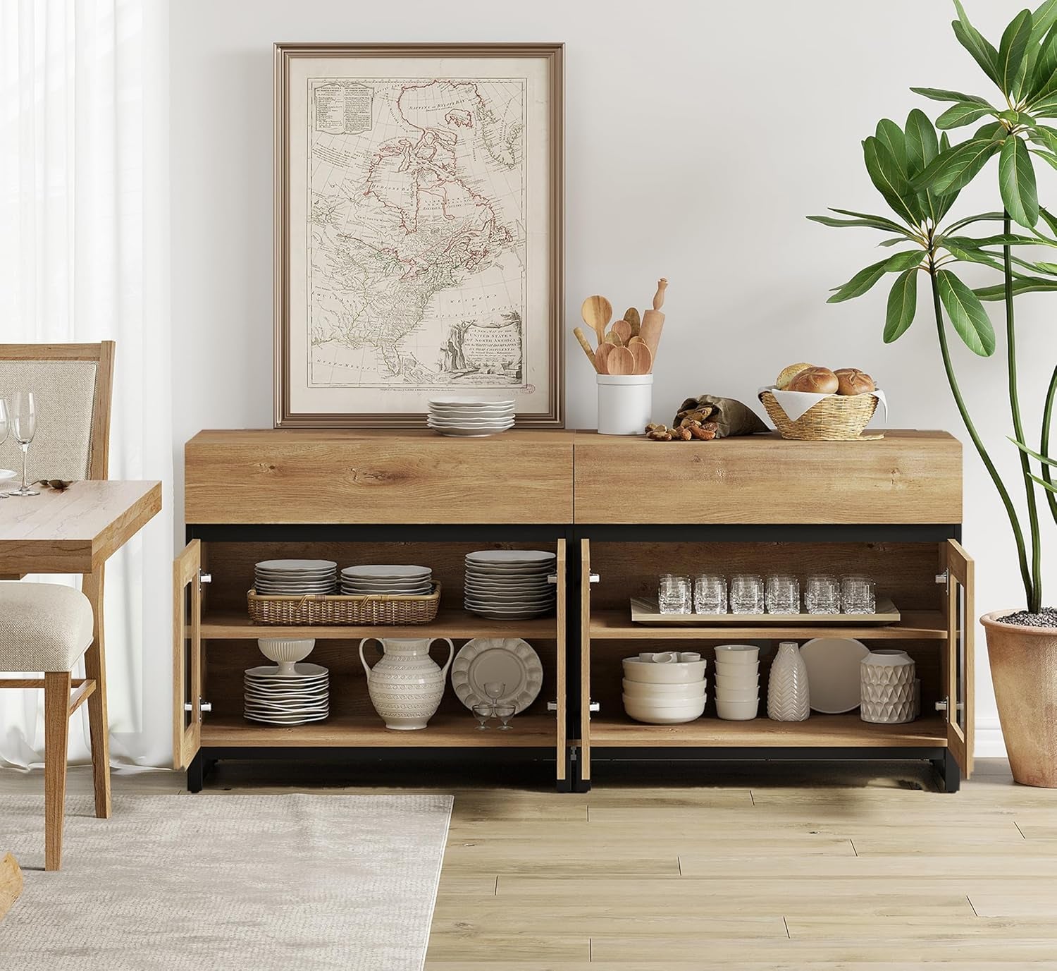 63'' Multifunctional Sideboard Buffet Cabinets with 4 Glass Doors and and 2 Drawers, Modern Sideboard Credenza, Coffee Bar Storage Cabinet for Living Room, Kitchen, Oak