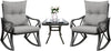 3 Piece Bistro Set Patio Rocking Chairs Outdoor Furniture W Warm Gray Cushions, Glass-Top Table for Garden, Pool, Backyard