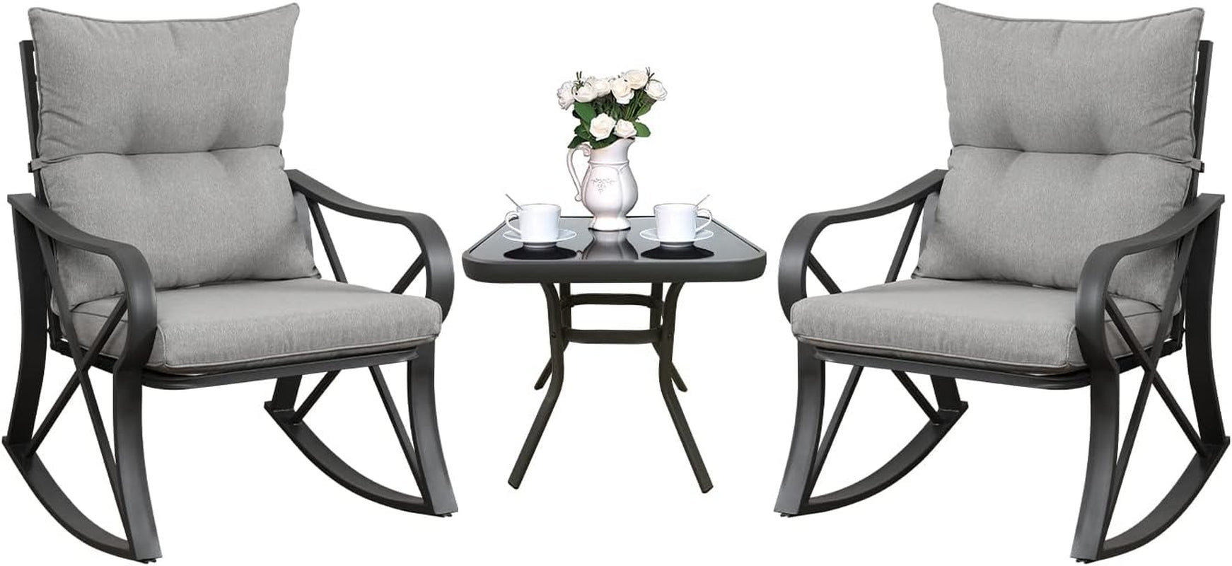 3 Piece Bistro Set Patio Rocking Chairs Outdoor Furniture W Warm Gray Cushions, Glass-Top Table for Garden, Pool, Backyard