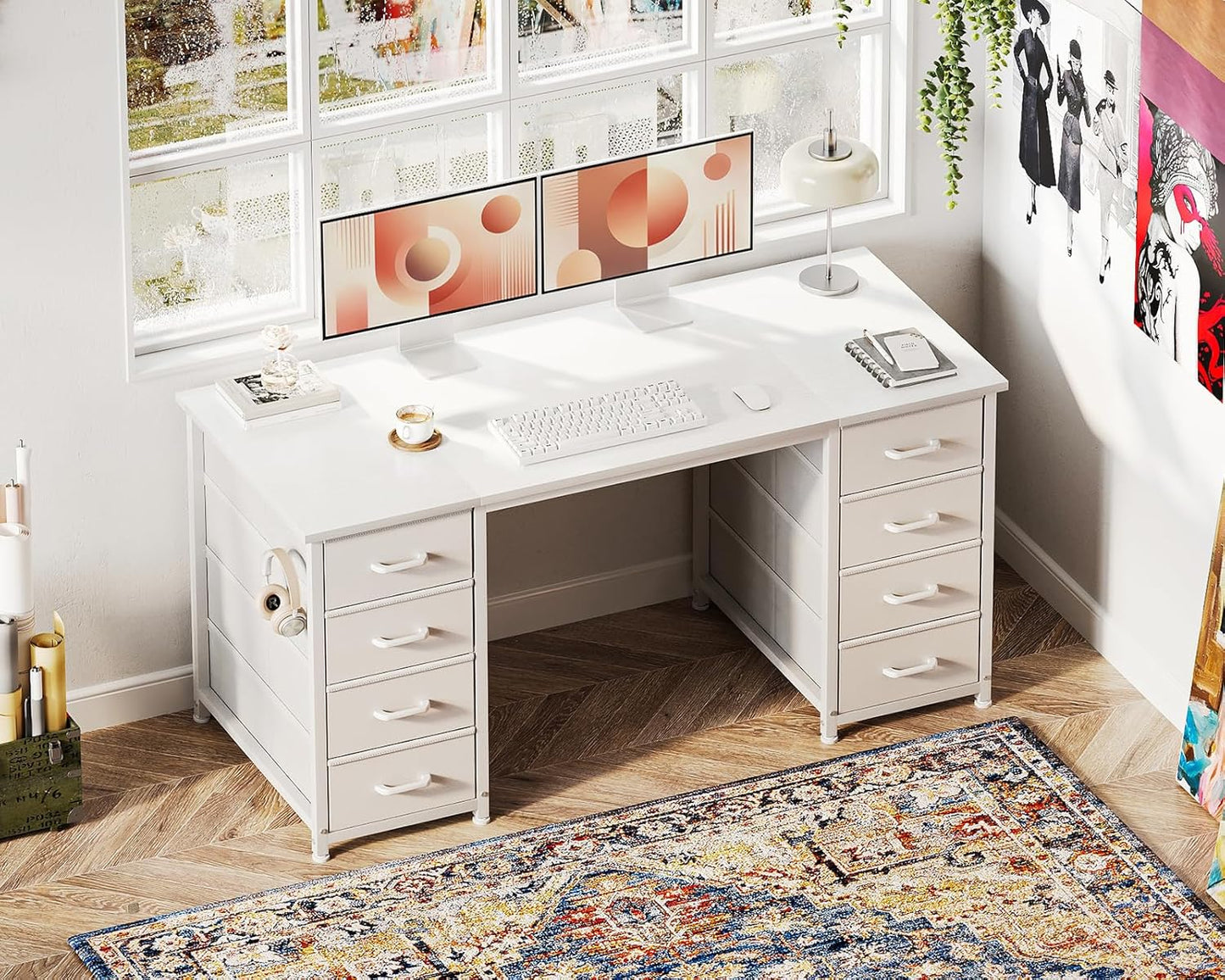 48 Inches Computer Desk with 8 Fabric Drawers, Modern Office Desk with Large Storage for Home Office, Study, White