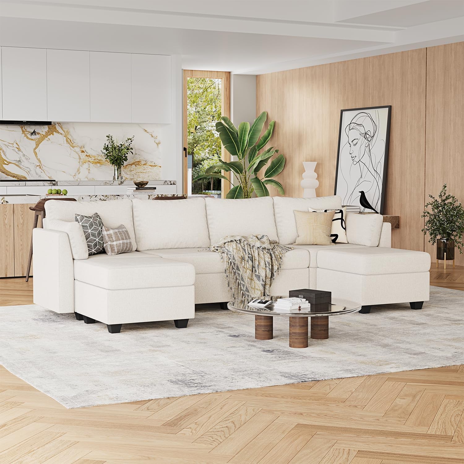 114.17" Modular Sectional Sofa, 6 Seat Modular Couch with Storage, Memory Foam, Convertible Sectional Couches for Living Room, U Shaped Comfy Modular Sofa with Chaise, Beige