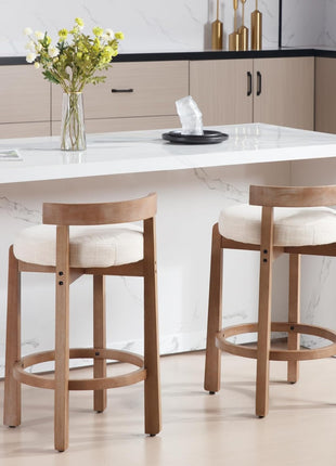 Set of 2 Mid-Century Modern Linen Upholstered Bar Stools, 26.5-Inch Counter Height with Solid Wood Legs for Kitchen Island and Dining Room, Beige