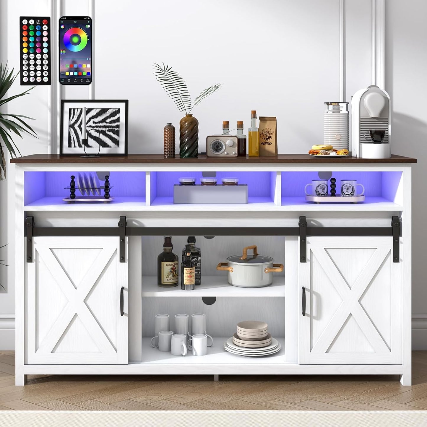 Farmhouse Coffee Bar Cabinet with Power Outlet, Rustic Sideboard Buffet Storage Cabinet with Storage, Wood Buffet Cabinet Serving Table Cupboard for Dining Room, Living Room, White