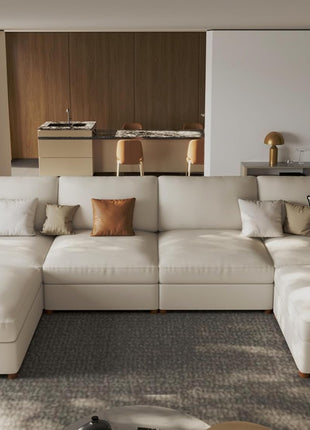 Oversized Modular Leather Sectional Sofa with Deep Seats - Extra Large U-Shaped Faux Leather Couch in Beige, Scratch Resistant and Modern Design