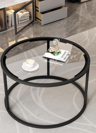 Contemporary 27" Round Black Coffee Table with Glass Top and Durable Metal Frame for Living Room and Home Office, Effortless Assembly