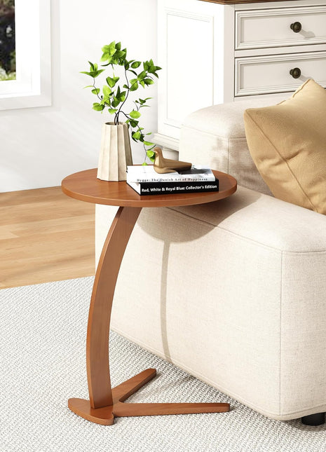 C-Shaped End Table - Compact Round Side Table for Living Room and Bedroom, Versatile Solid Wood TV Tray for Limited Spaces (15” Chestnut)