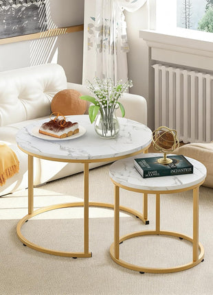 Modern Industrial Nesting Coffee Table Set of Two with Gold Frame and Marble Finish, White Circular Wooden Design for Living Room and Bedroom