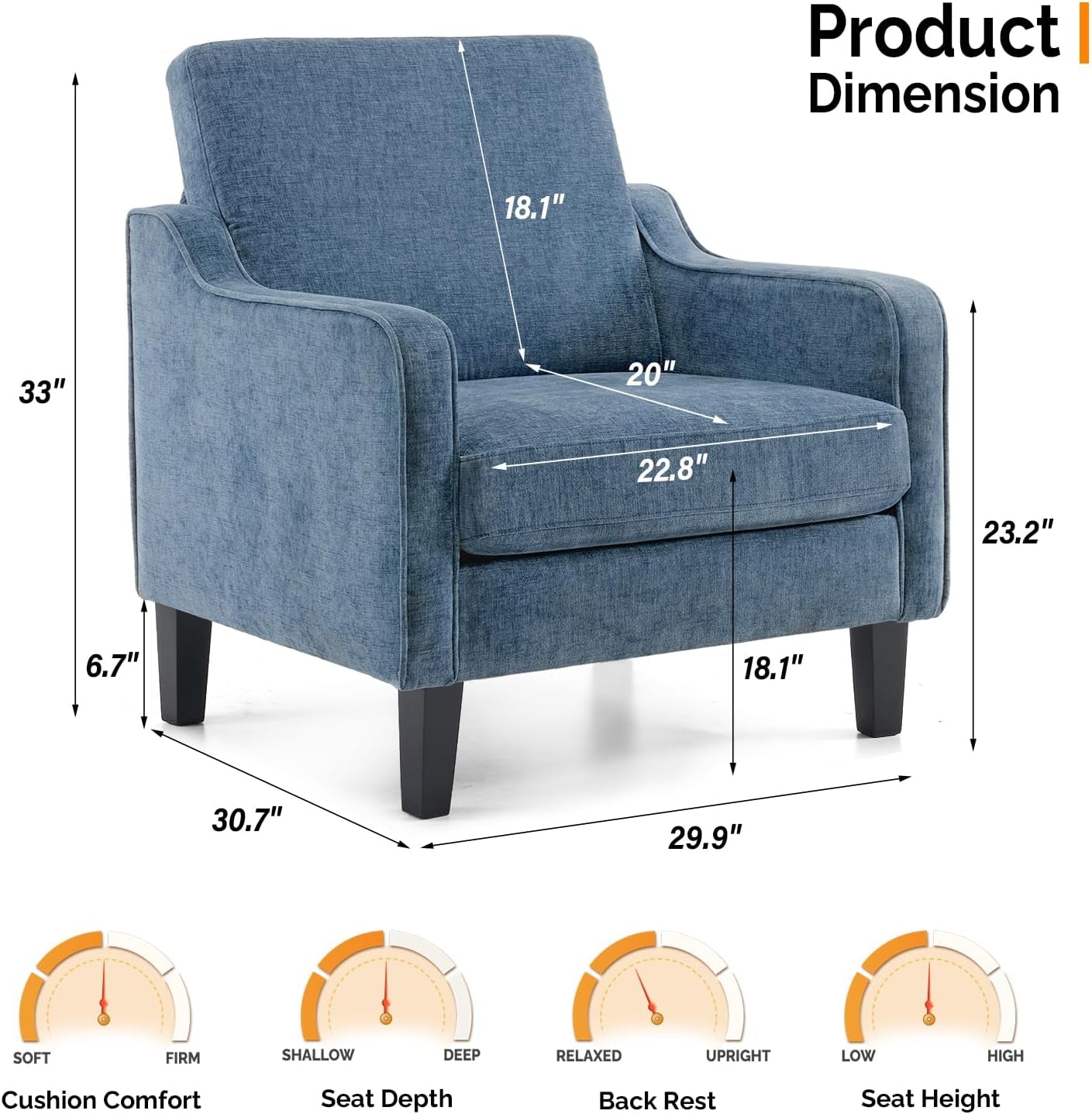 Mid Century Modern Accent Chair,Navy Blue Chenille Chairs for Living Room Upholstered Armchair with Scooped Arms for Bedroom,Apartment,Studio,Office,Waiting Room