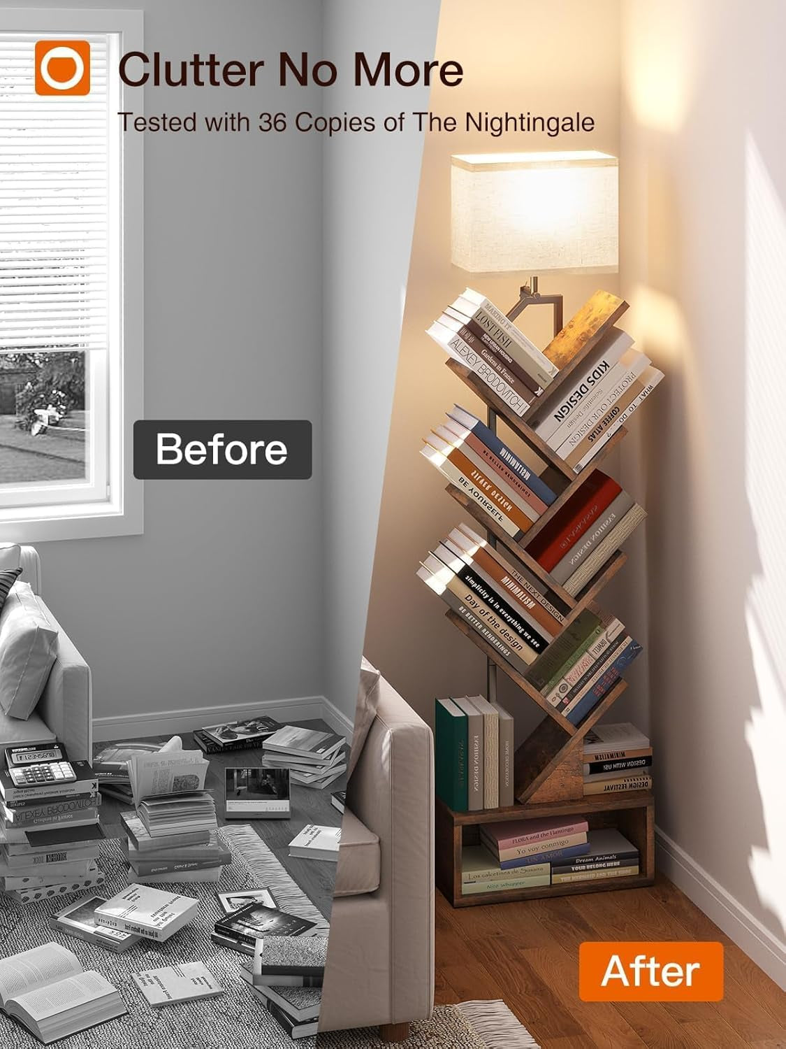 6-Tier Tree Book Shelf with LED Light, Steel&Wood Bookshelf with Storage Cabinet, Narrow Tall Bookcase with 3CCT Bulb, Small Bookshelf for Bedroom, Home Office&Living Room-Rustic Brown