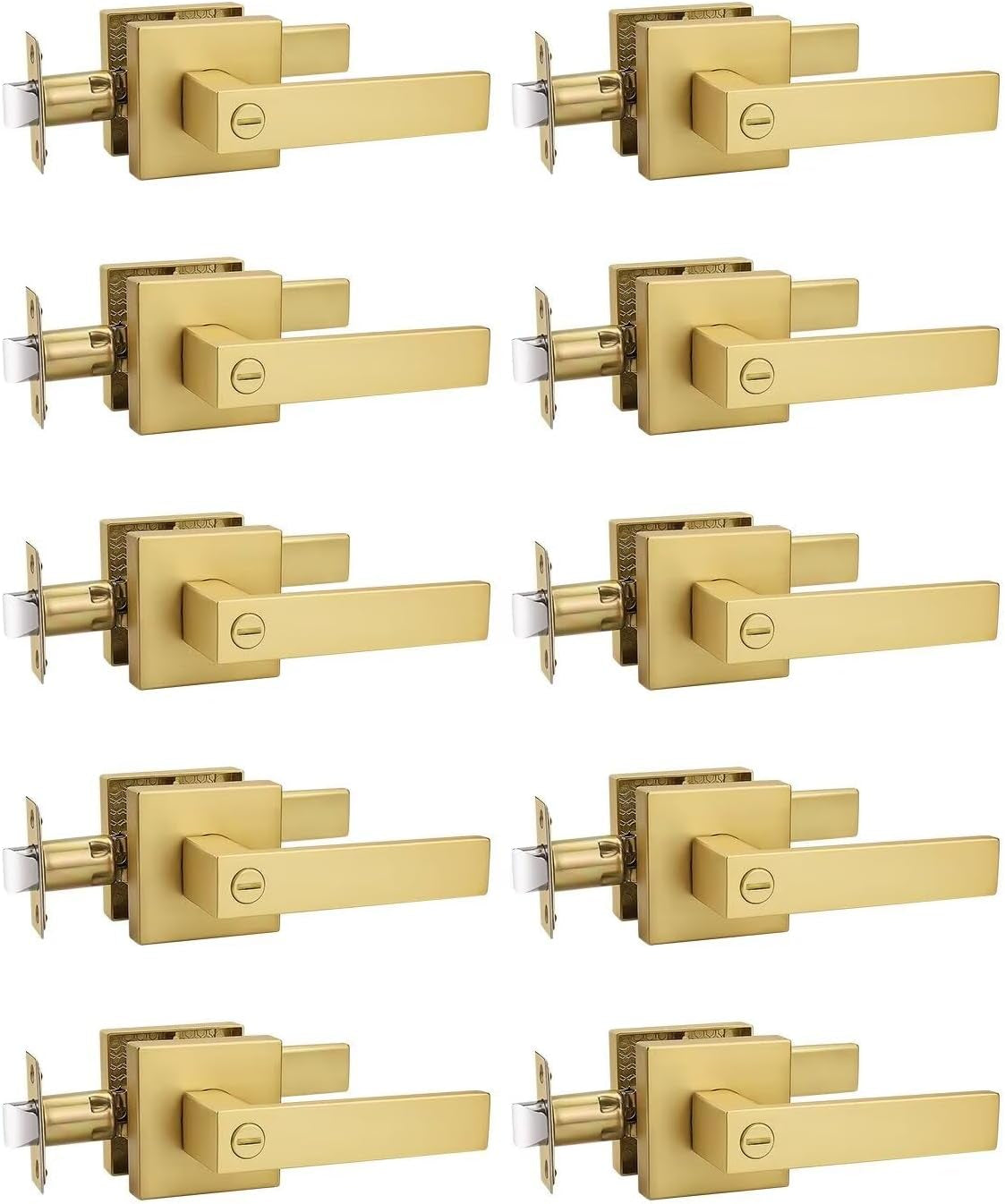10 Pack Heavy Duty Gold Square Privacy Interior Door Levers, Satin Brass Finish, Bedroom and Bathroom Door Handles Keyless Bed/Bath Lockset